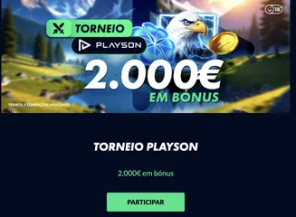 Torneio Playson no Solverde 2.000€ em bónus disponíveis Banner promocional do Torneio Playson com prémio total de 2.000€ em bónus e imagem de águia com moedas douradas